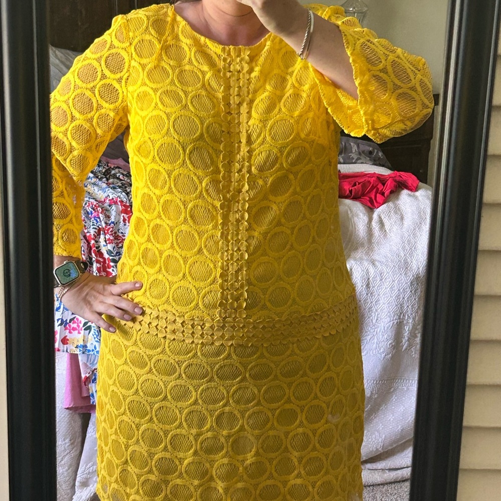 London Times Yellow Textured Long Sleeve Dress